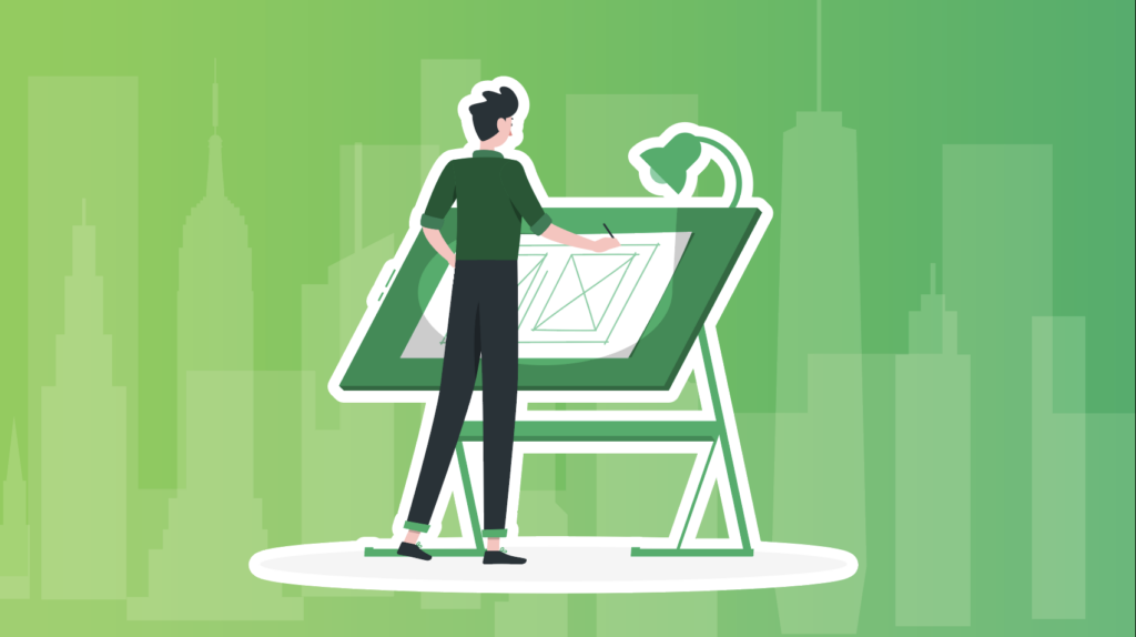 Forward Education's Civil Engineer, an illustration of a man standing at a drafting table.